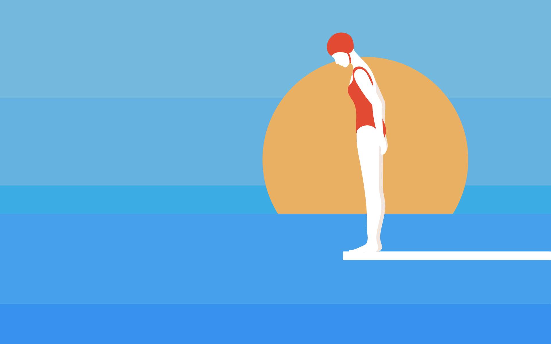Minimalist illustration of a female diver in a red swimsuit and swim cap standing at the edge of a diving board, looking down, with a large orange sun setting over a blue ocean in the background.