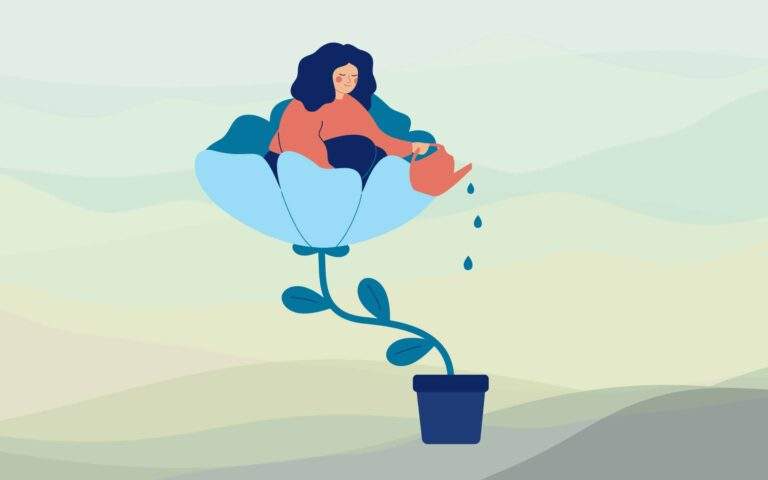 A happy woman sits in the flower and waters it. Smiling girl cares about herself and her future. Concept of love yourself and a healthy lifestyle.