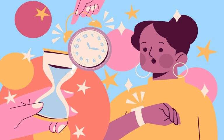 Images on an alarm clock, hour glass and a girl looking at her watch.